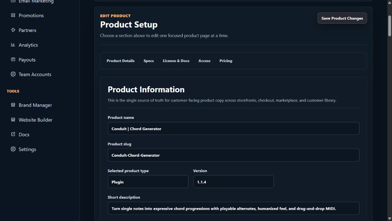 SoundSync product setup with product details, pricing and access settings